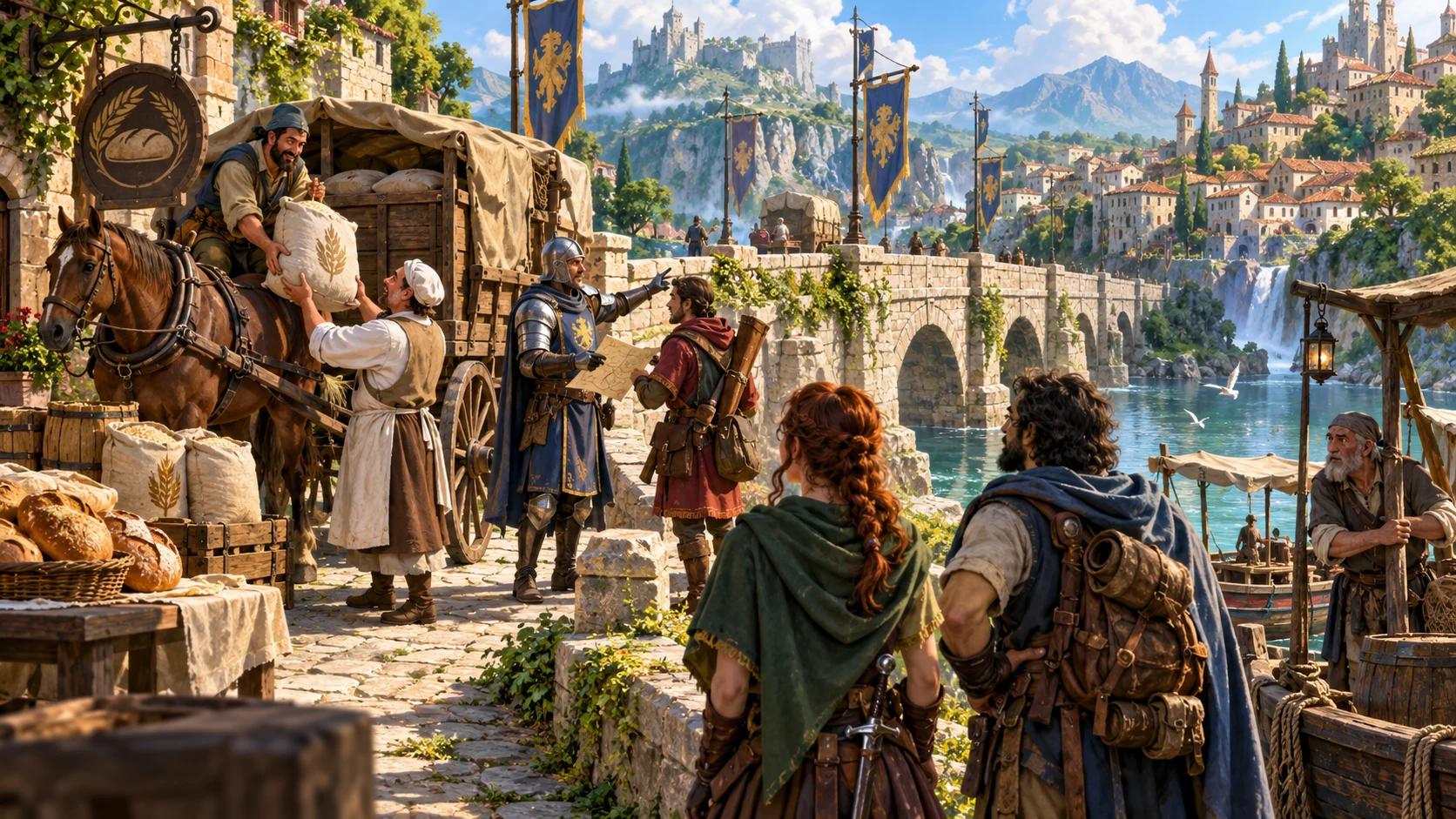 Fantasy illustration of a market transaction observed by officials and adventurers