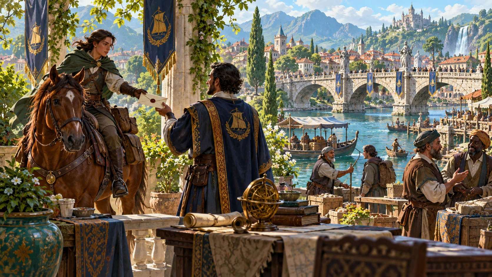 Fantasy illustration of a mounted messenger carrying news to a guild by a busy river bridge