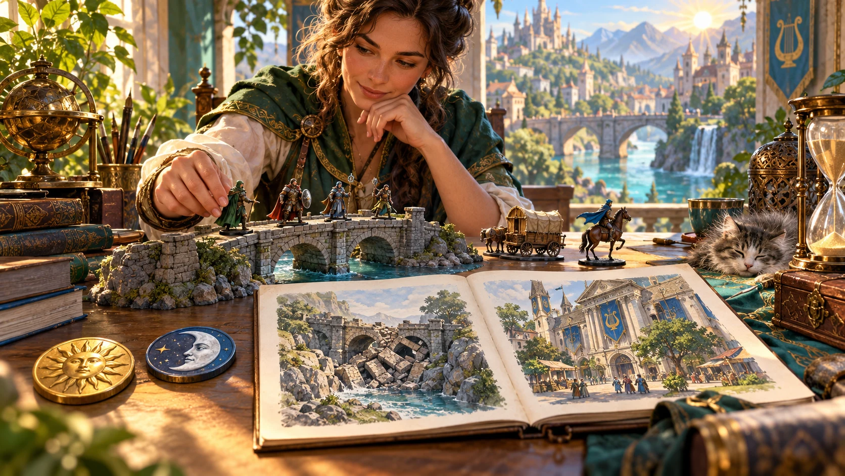 Fantasy illustration of a DM preparing consequences with miniatures and a campaign book